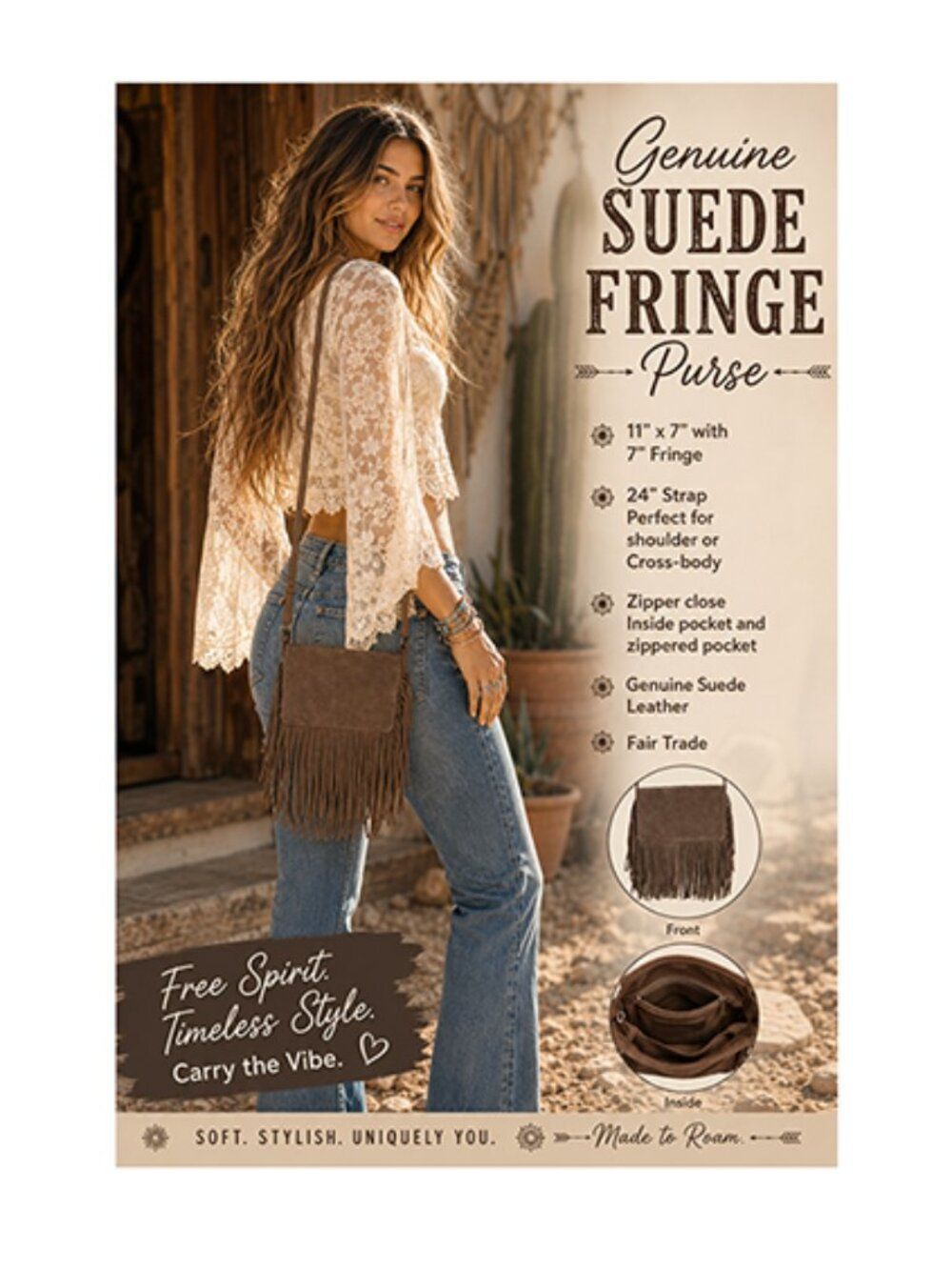 NWT Genuine Suede Leather Fringe shoulder or Crossbody Bag Fair Trade Brown
